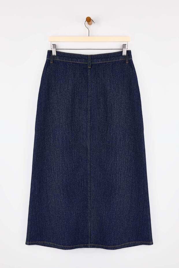 Koyu Mavi DÖKÜMLÜ Düğme Detaylı Midi %100 Pamuk Denim Etek TWOSS26ET00004 - 6