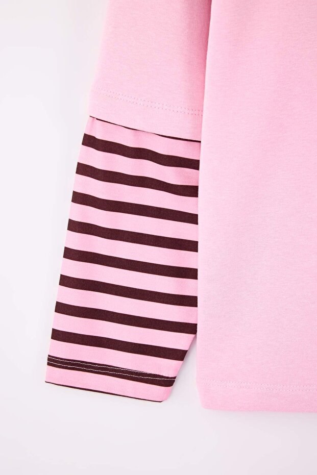 Pembe Polo Yaka Kolları Çizgili Büyük Beden Sweatshirt TBBAW26AO00053 - 4