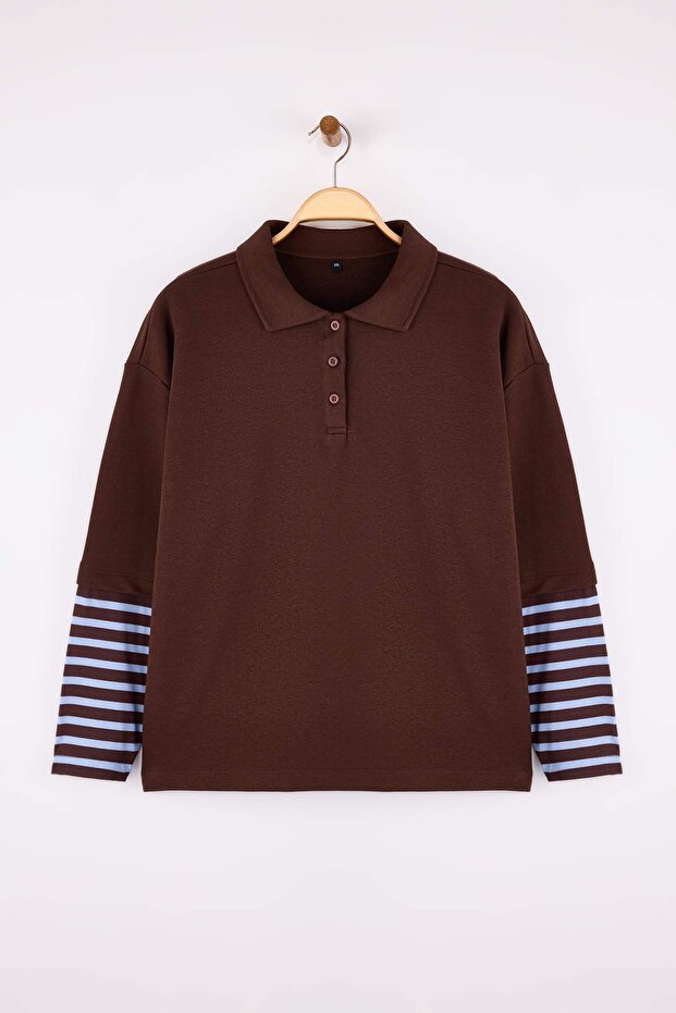 Kahverengi Polo Yaka Kolları Çizgili Büyük Beden Sweatshirt TBBAW26AO00053 - 1