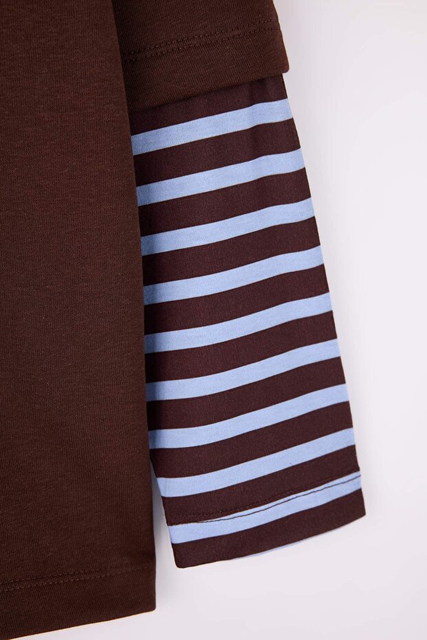 Kahverengi Polo Yaka Kolları Çizgili Büyük Beden Sweatshirt TBBAW26AO00053 - 7