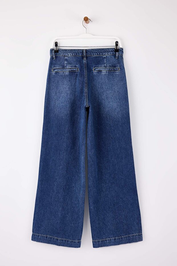 Koyu Mavi DÖKÜMLÜ Bel Detaylı Yüksek Bel %100 Pamuk Wide Leg Jeans TWOSS26JE00061 - 6