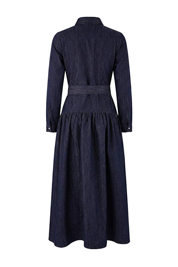 Koyu Mavi DÖKÜMLÜ Kemerli Maxi %100 Pamuk Denim Elbise TWOSS26EL00030 - 6