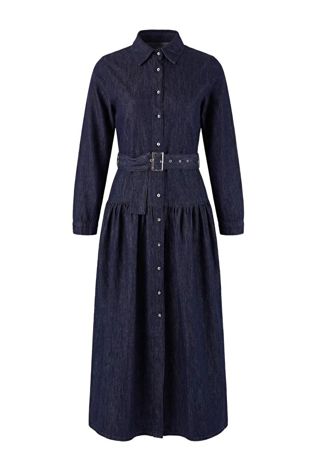 Koyu Mavi DÖKÜMLÜ Kemerli Maxi %100 Pamuk Denim Elbise TWOSS26EL00030 - 5