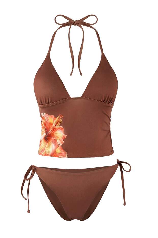 Kahverengi Çiçek Desenli Bağlamalı Tankini Kaplı Normal Bel Brazilian Bikini Takımı TBESS26BT00008 - 4