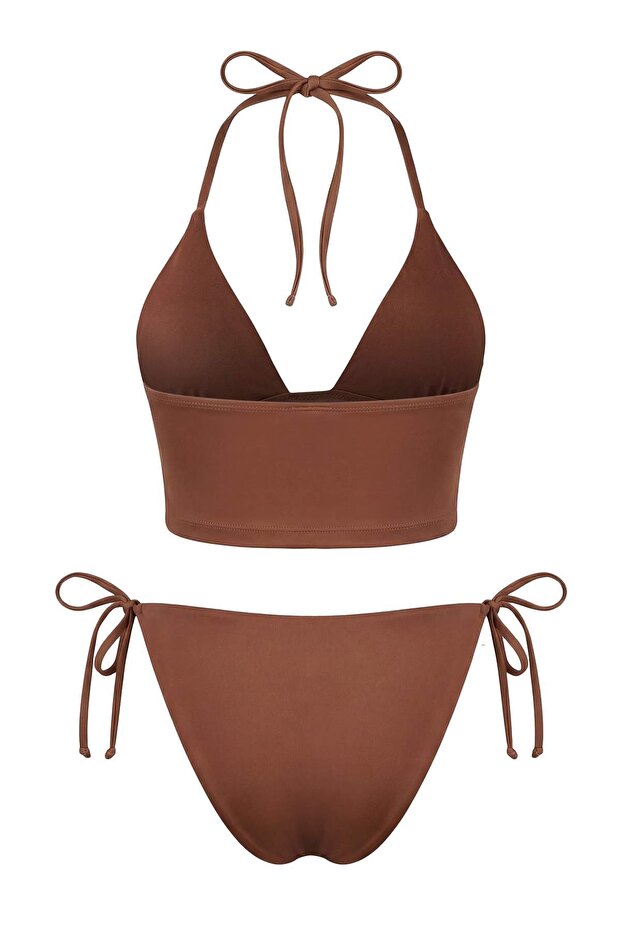 Kahverengi Çiçek Desenli Bağlamalı Tankini Kaplı Normal Bel Brazilian Bikini Takımı TBESS26BT00008 - 6