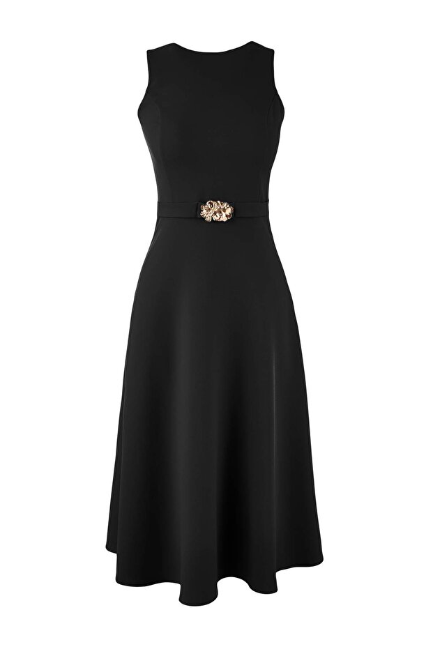 Siyah Kayık Yaka Skater/Belden Açılan Midi Dokuma Elbise TWOSS26EL00134 - 5