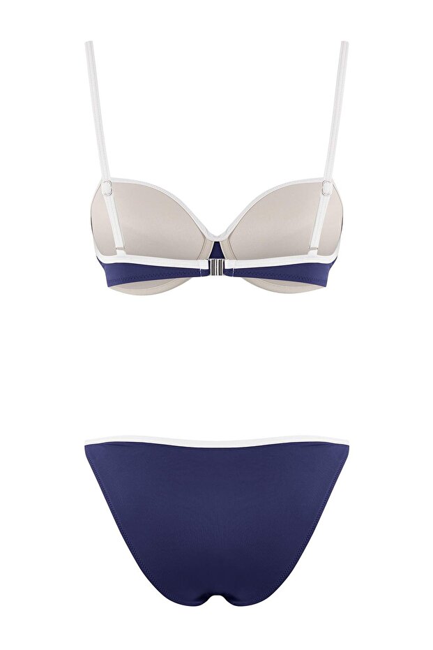 Koyu Lacivert Renk Bloklu Biyeli Balconette Kaplı Normal Bel Brazilian Bikini Takımı TBESS26BT00016 - 6
