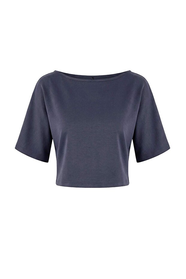 Antrasit Relaxed Kayık Yaka Yarasa Kol Truvakar Crop Soft Touch Örme Bluz TWOSS26BZ00059 - 5