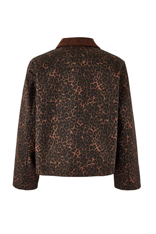 Çok Renkli-Kahverengi Kadife Yaka Detaylı Gabardin Leopar Desenli Ceket TWOSS26CE00014 - 4