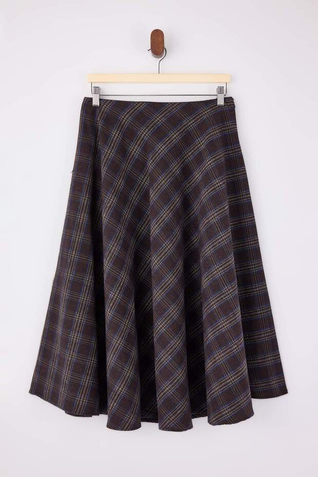 Kahverengi Ekoseli/Kareli Flanel Dokuma Kloş Midi Etek TWOAW26ET00172 - 7