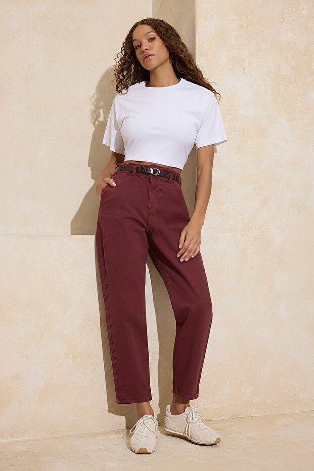 Bordo Kemerli Yüksek Bel Barrel Jeans TWOAW26JE00300 - 2