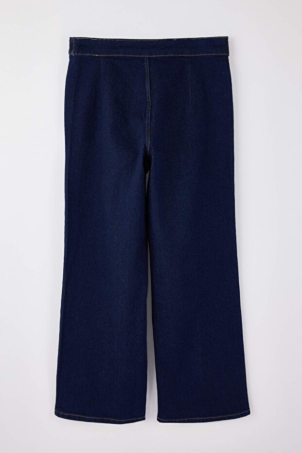 Koyu Mavi Yüksek Bel Düğme Detaylı Comfort/Esnek Wideleg/Geniş Paça Büyük Beden Jeans TBBSS26CJ00008 - 8