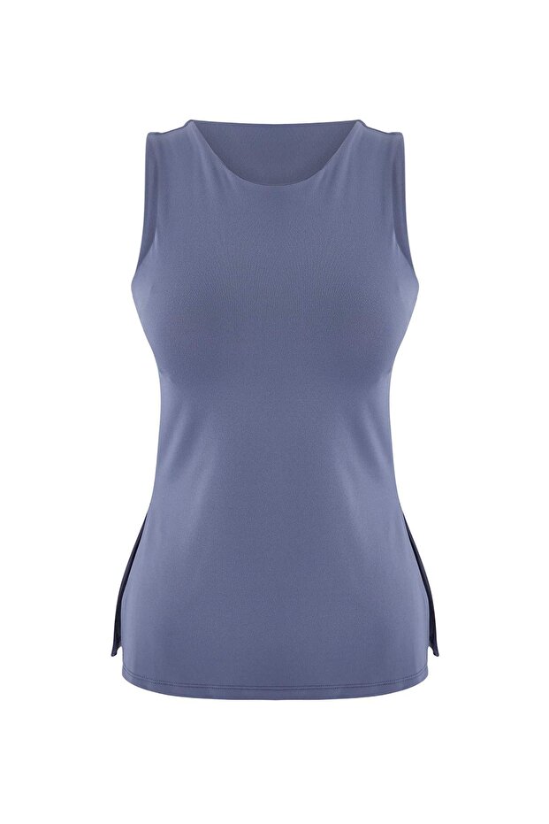 Indigo Soft Fırçalı Kumaş Yırtmaçlı Örme Spor Üst/Bluz THMSS26BZ00001 - 7