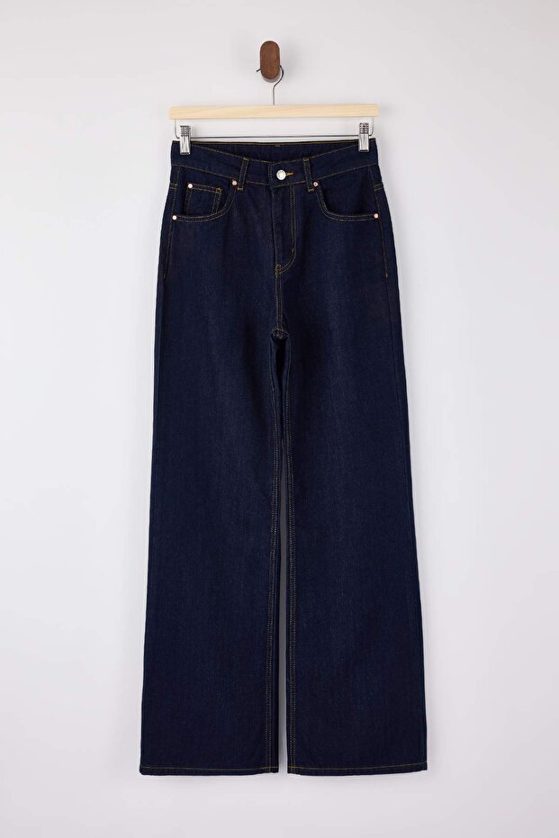 Koyu Mavi DÖKÜMLÜ Yüksek Bel %100 Pamuk Wide Leg Jeans TWOSS26JE00062 - 5