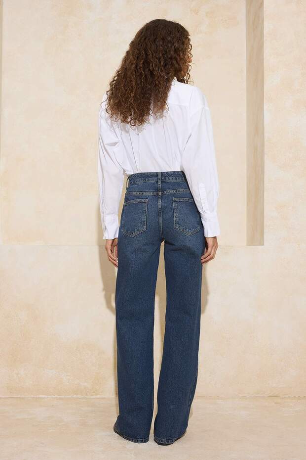 Koyu Mavi Yüksek Bel Geniş Paça Wide Leg Geniş Paça %100 Pamuk Non-Stretch Jeans TWOAW25JE00105 - 4