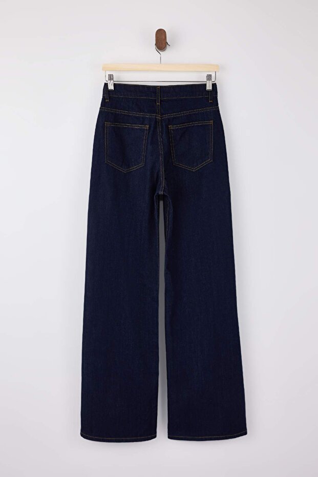 Koyu Mavi DÖKÜMLÜ Yüksek Bel %100 Pamuk Wide Leg Jeans TWOSS26JE00062 - 6