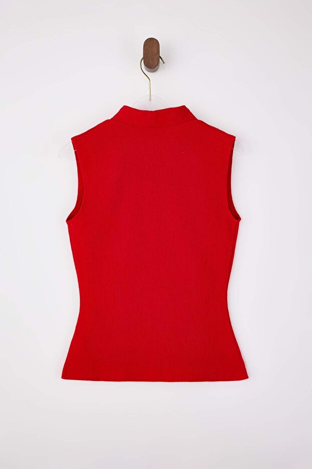 Kırmızı Fitted/Vücuda Oturan V Yaka Kolsuz Fitilli Esnek Örme Bluz TWOSS26BZ00237 - 6
