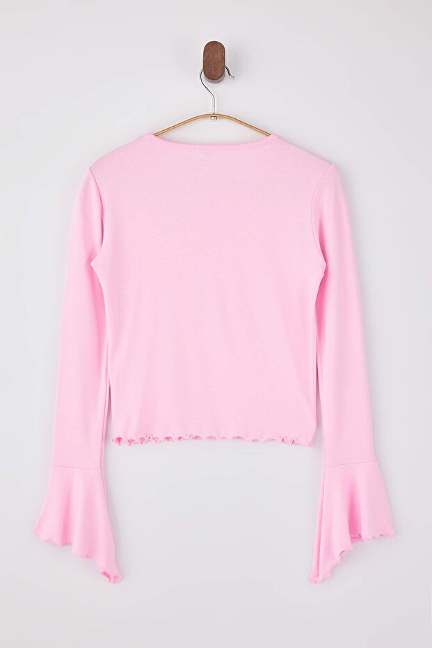 Açık Pembe Fitted/Vücuda Oturan Volanlı/Fırfırlı Yumuşak Örme Bluz TWOSS26BZ00152 - 6