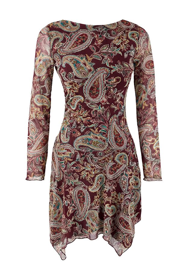 Çok Renkli Şal Desen Boho Chic A-Kesim Asimetrik Kayık Yaka Mini Tül Örme Elbise TWOSS26EL00104 - 5