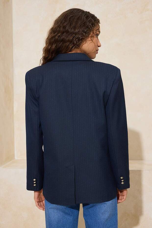 Lacivert Gümüş Düğmeli Fitted/Vücuda Oturan Dokuma Astarlı Vatkalı Blazer Ceket TWOSS26BC00015 - 4