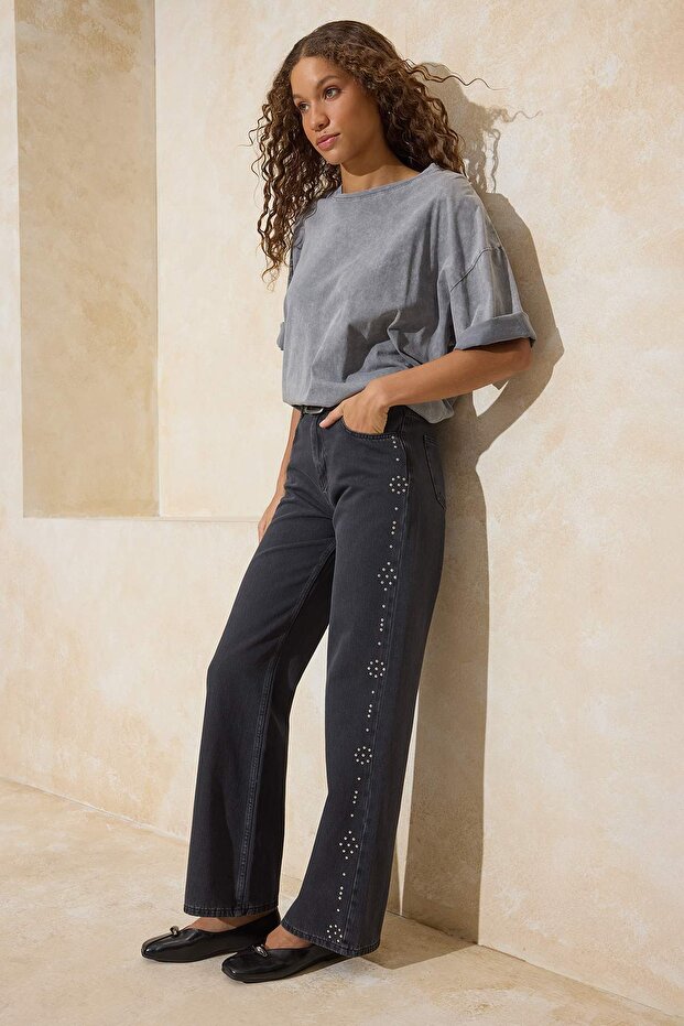 Siyah DÖKÜMLÜ Taş Detaylı Yüksek Bel %100 Pamuk Wide Leg Jeans TWOSS26JE00073 - 2