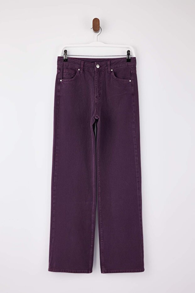 Mor Yıkama Efektli Yüksek Bel %100 Pamuk Uzun Boy Wide Leg Jeans TWOSS26JE00047 - 5