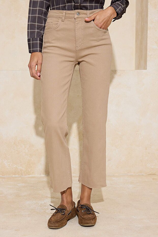 Camel Paça Kesikli Yüksek Bel Orta Esnek Crop Flare Jeans TWOSS26JE00001 - 3
