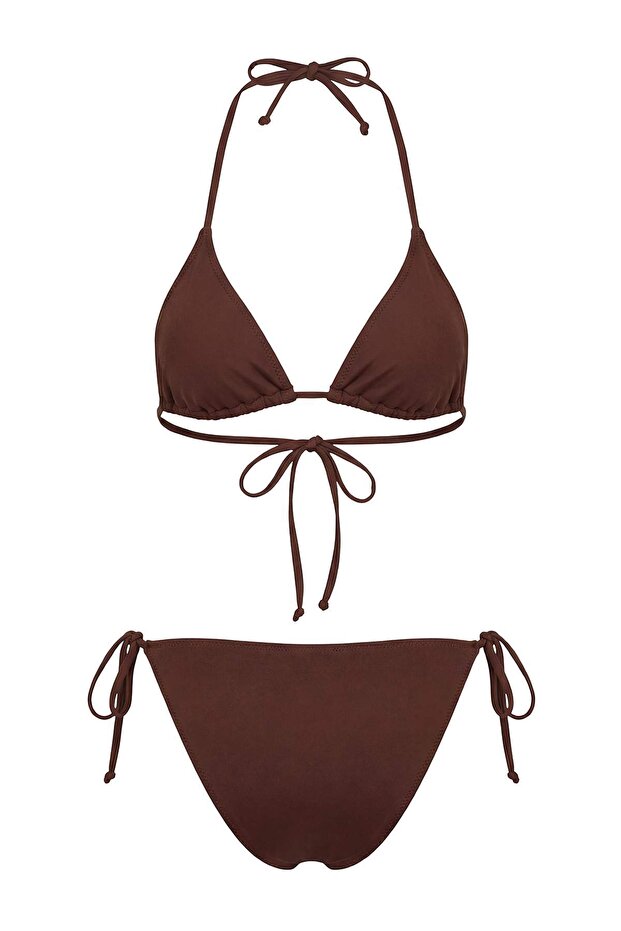 Koyu Kahverengi Renk Bloklu Biyeli Üçgen Normal Bel Kaplı Regular Bikini Takımı TBESS26BT00022 - 6