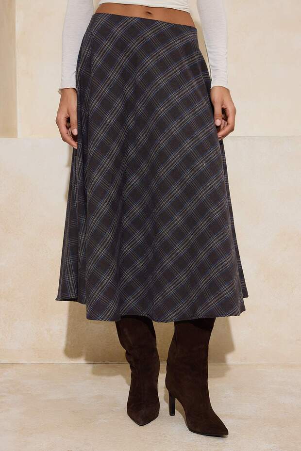 Kahverengi Ekoseli/Kareli Flanel Dokuma Kloş Midi Etek TWOAW26ET00172 - 3