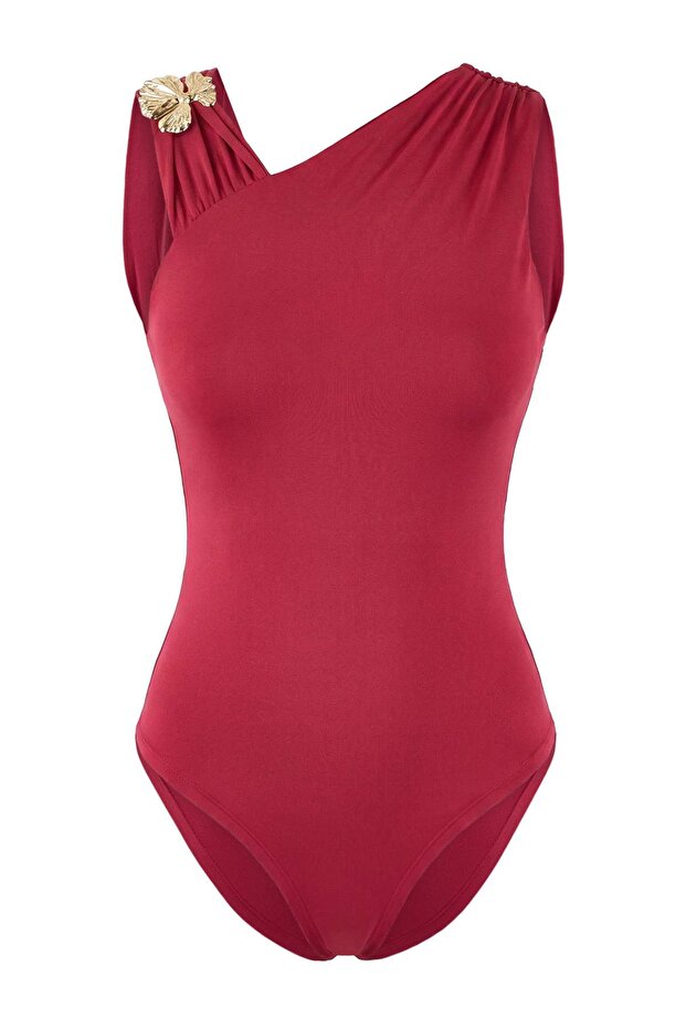 Koyu Pembe Vücuda Oturan Asimetrik Yaka Aksesuar Detaylı Çıtçıtlı Esnek Örme Body TWOSS26BD00005 - 5