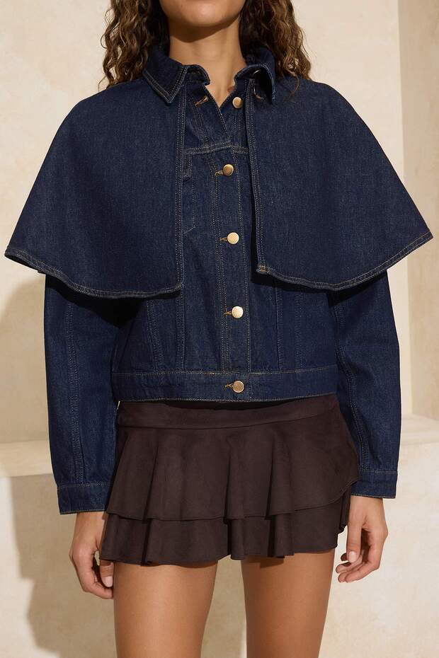 Özel Koleksiyon Koyu Mavi Çıkarılabilir Pelerinli Denim Panço Ceket TWOAW26CE00001 - 3