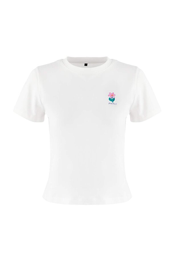 Ekru Regular/Normal Kalıp Kısa Kollu Nakışlı Tok %100 Pamuk Örme T-Shirt TWOSS26TS00016 - 5