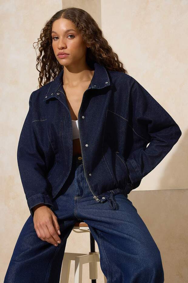 Koyu Mavi Dik Yaka Bomber 100% Pamuk Denim Ceket TWOSS26CE00003 - 3