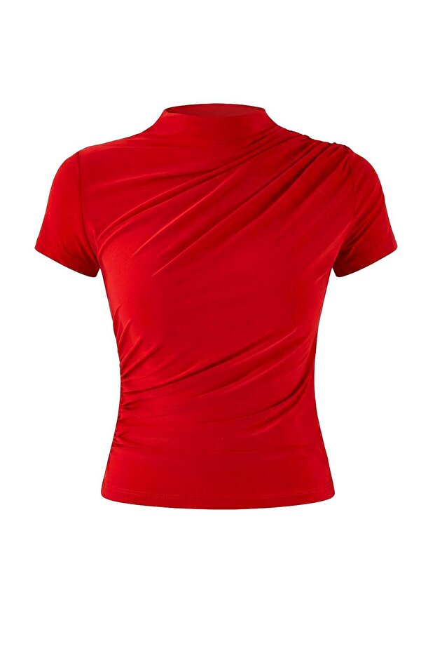 Kırmızı Drapeli Fitted/Vücuda Oturan Kısa Kollu Dik Yaka Esnek Örme Bluz TWOSS24BZ00426 - 5