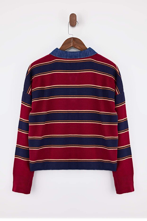 Çok Renkli Çizgili Denim Garnili Polo Yaka Triko Kazak TWOAW26KZ00283 - 6