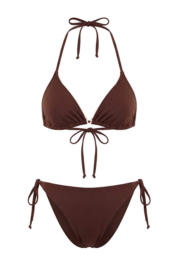 Koyu Kahverengi Renk Bloklu Biyeli Üçgen Normal Bel Kaplı Regular Bikini Takımı TBESS26BT00022 - 5