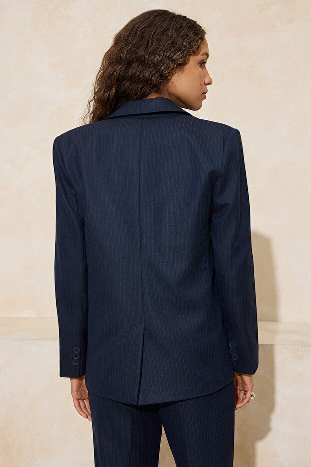 Lacivert Kendinden Çizgili Regular/Normal Kalıp Dokuma Astarlı Vatkalı Blazer Ceket TWOSS26BC00003 - 4