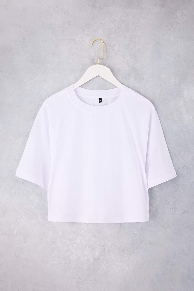 Wardrobe Essentials-Ekru Rahat Kalıp Kısa Kollu Crop %100 Pamuk Örme T-Shirt TWOSS26TS00006 - 5