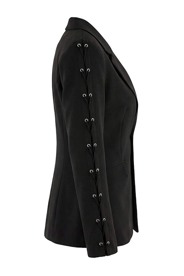 Siyah Kolları Kuşgözü Detaylı Dokuma Fitted/Vücuda Oturan Blazer Ceket TWOSS26BC00016 - 6
