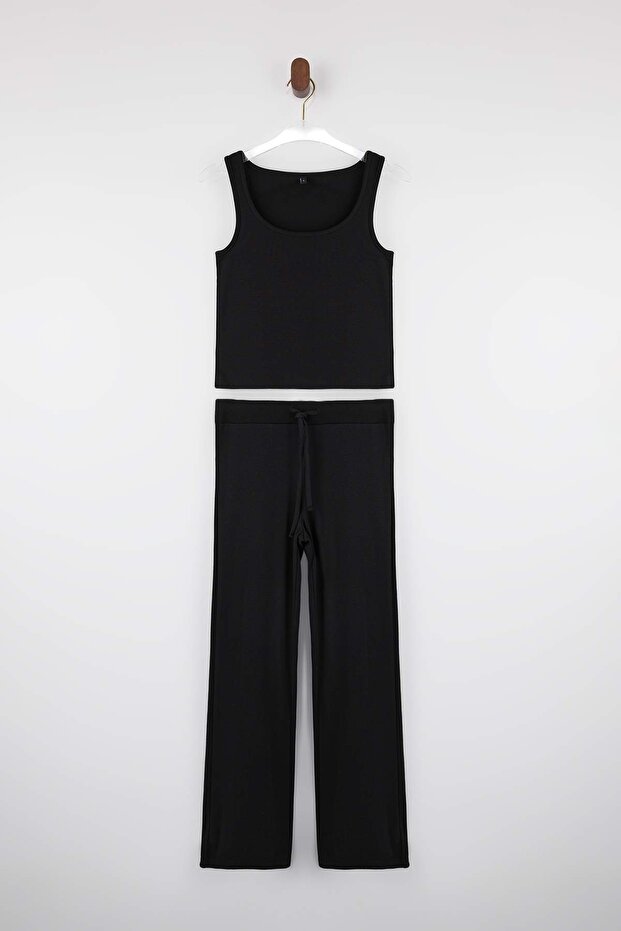 Wardrobe Essentials-Siyah Fitted/Vücuda Oturan Kolsuz Örme Alt-Üst Takım TWOSS26AU00010 - 5