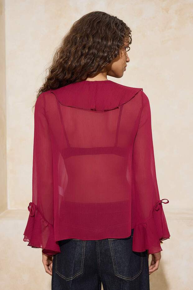 Bordo Fırfır Detaylı Transparan Şifon Dokuma Bluz TWOSS26BZ00084 - 4