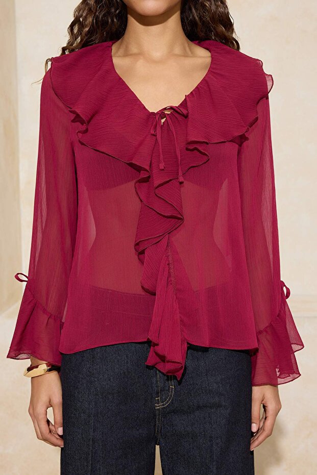 Bordo Fırfır Detaylı Transparan Şifon Dokuma Bluz TWOSS26BZ00084 - 3