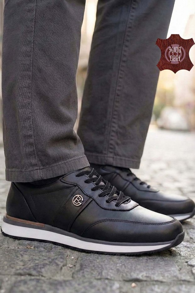 Shoes Flow Series Genuine Leather Black Men's Sneaker - Orthopedic Comfortable Sole Daily Sports Shoes