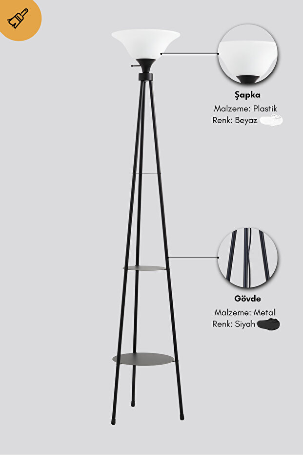 3 Ayaklı Raflı Metal Siyah Dekoratif Fedora Lambader - 4