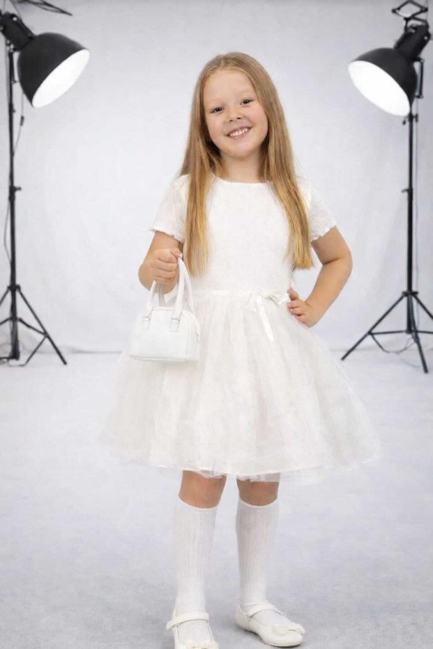 Tulle, Plain Top, Ribbed Bottom, Lined Tutu Skirt, Girl's Princess Short-Sleeved Dress