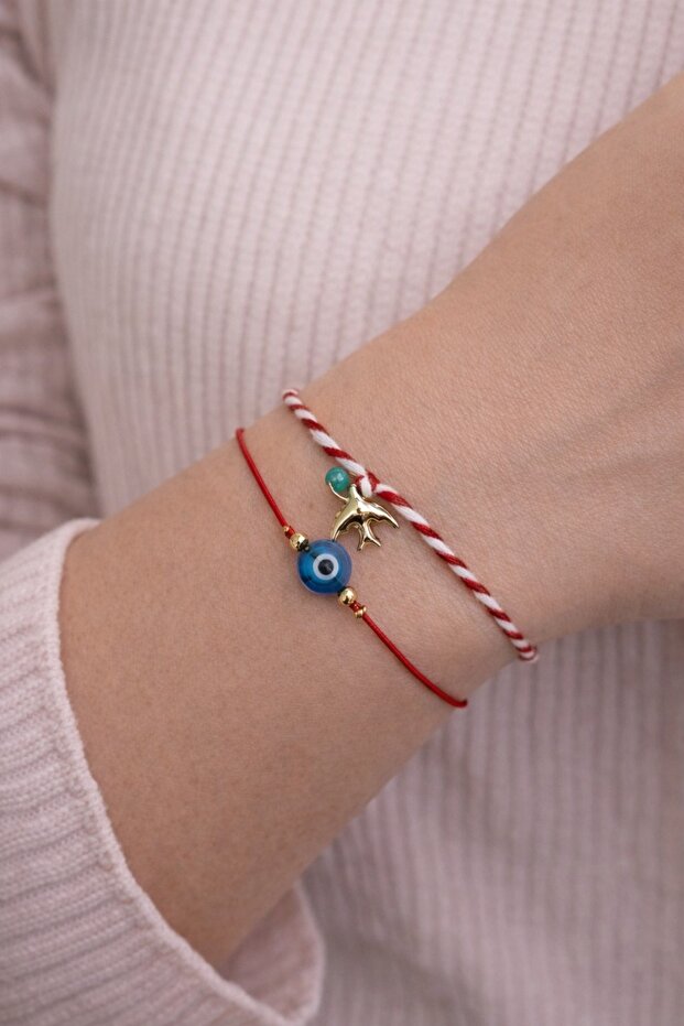 Marteniçka Lucky Bracelet Set with Evil Eye Beads and Swallow Detail