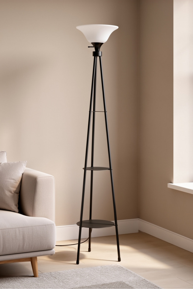 3 Ayaklı Raflı Metal Siyah Dekoratif Fedora Lambader - 2