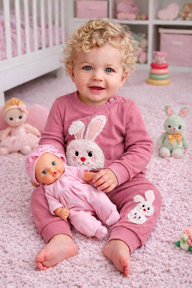 Rabbit Embroidered Seasonal Baby Girl Top and Bottom Set