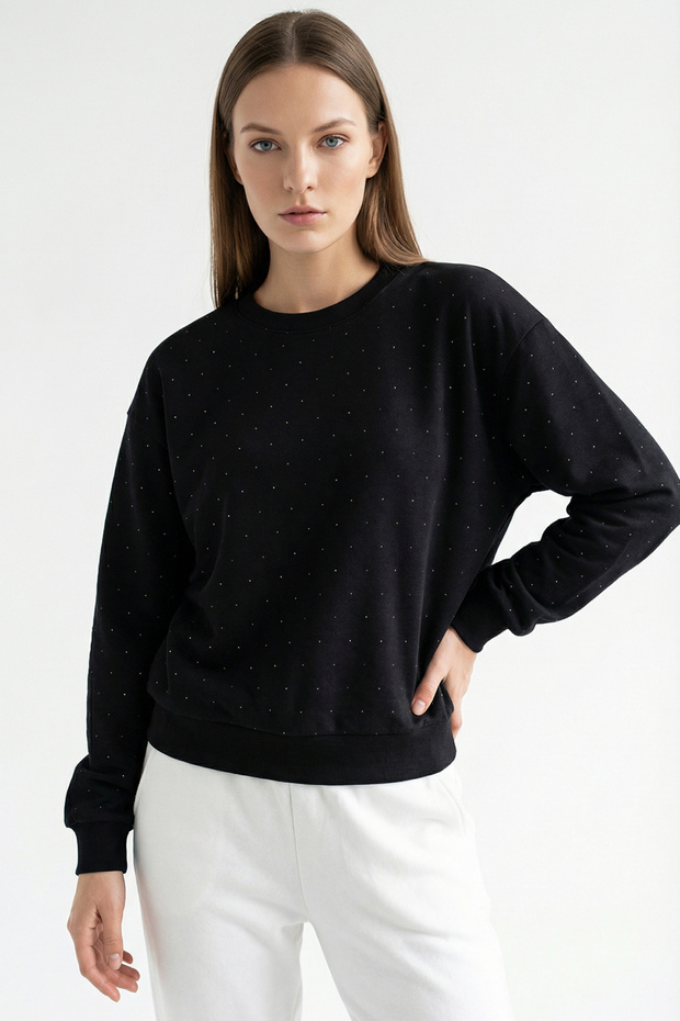 Taşlı Bisiklet Yaka Siyah Örme Sweatshirt - 1