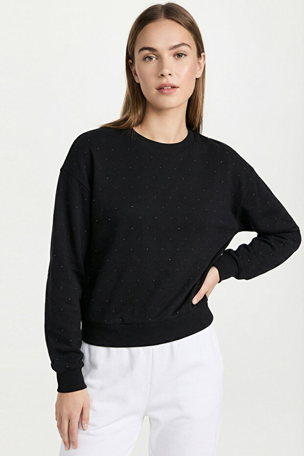 Taşlı Bisiklet Yaka Siyah Örme Sweatshirt - 4